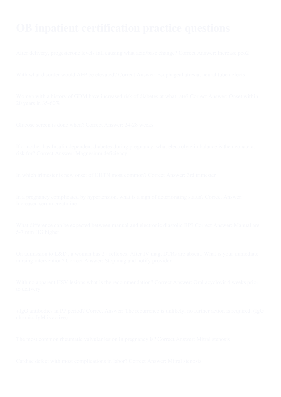 Preview of OB Inpatient Certification Practice Questions and answers